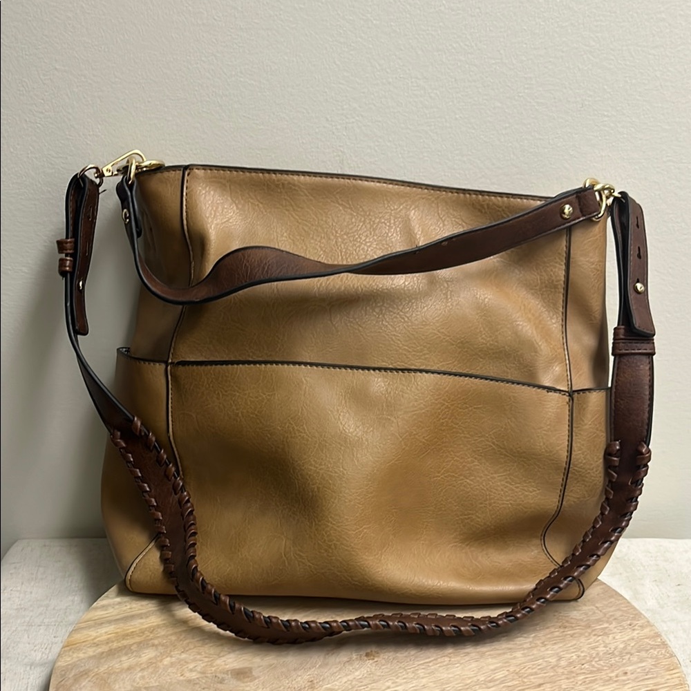 Tan and Brown Slouchy Shoulder Bag with Braided Strap